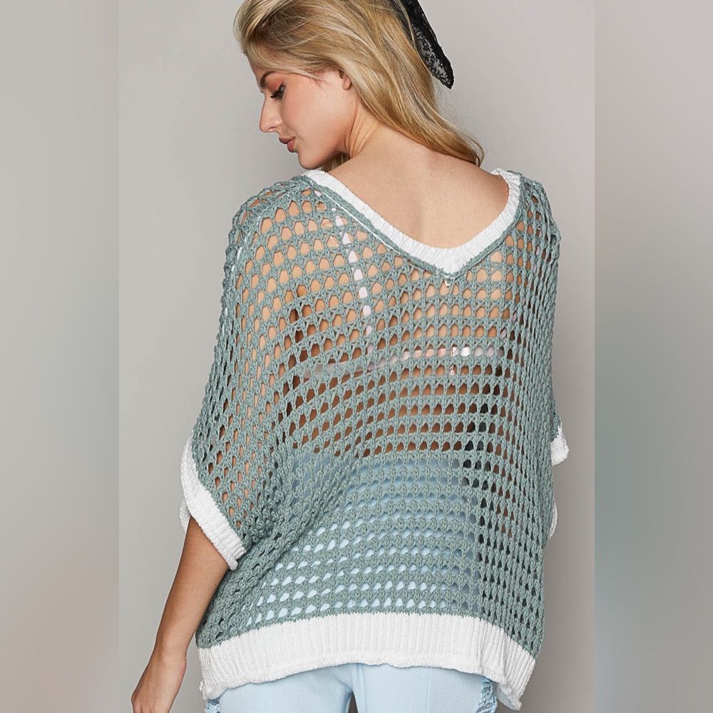 POL Crochet Open-Knit Peace Sign Sweater Poncho in Sage Green and White - Picture 4 of 8